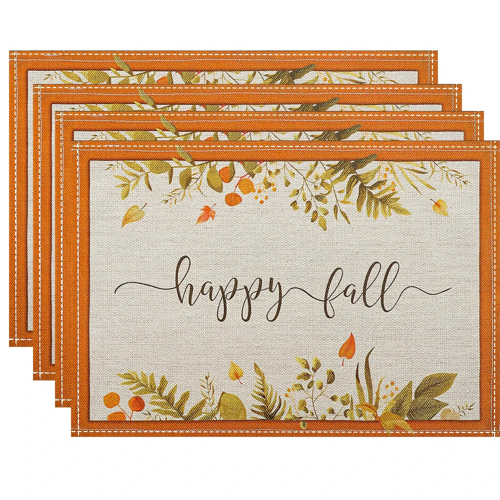 4/6/8pcs Pumpkin Placemats Linen Rectangular Table Mats Heat Resistant for Dining Kitchen Autumn Festival Atmosphere Placemat