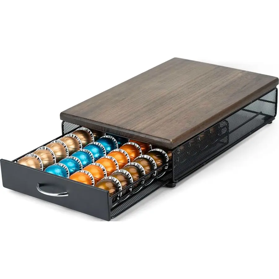 

Ящик для хранения кофейных капсул Vertuo, совместимый с держателем для капсул Nespresso Vertuoline, металлический органайзер с деревянной крышкой, вмещает 40 капсул.