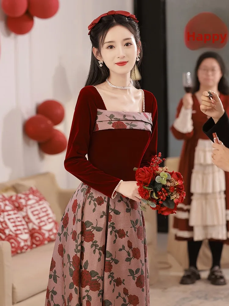 

Red Velvet Wedding Dr Women's Return Home Long Sve Floor Length Evening Gown Korean Sle Embroidered Ball Dr