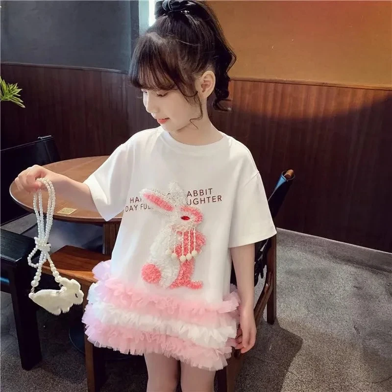 Toddler Kids Summer Short Sleeve Shirt Dresses for Girls Cute Rabbit Princess Dress Children Girl Outfits Clothing 3 4 5 6  7 8