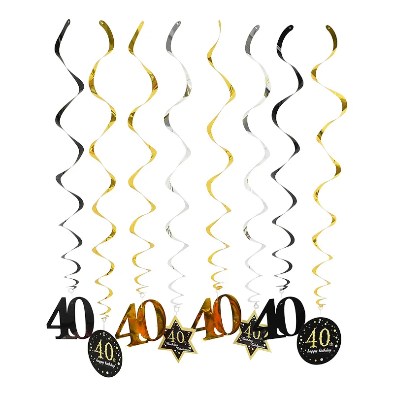 8pcs Ceiling Hanging Decor 18 21 30 40 50 60 Black Gold Spiral Garland PVC Swirl Banner Happy Birthday Party Decoration Supplies
