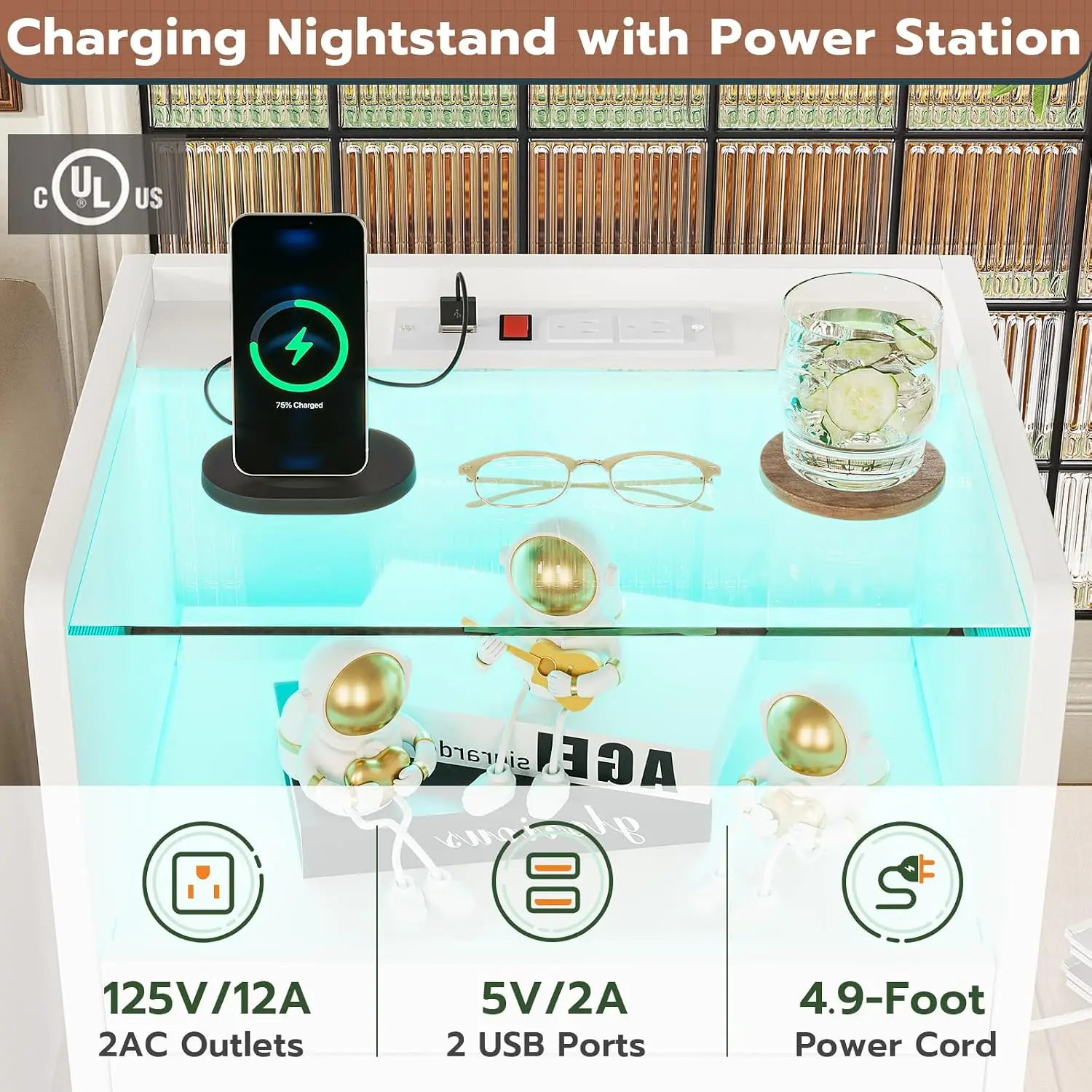 White Nightstand Set of 2 with Charging Station & LED Lights, 2 Drawers Glass Top End Table with Pull-Out Tray, Customized