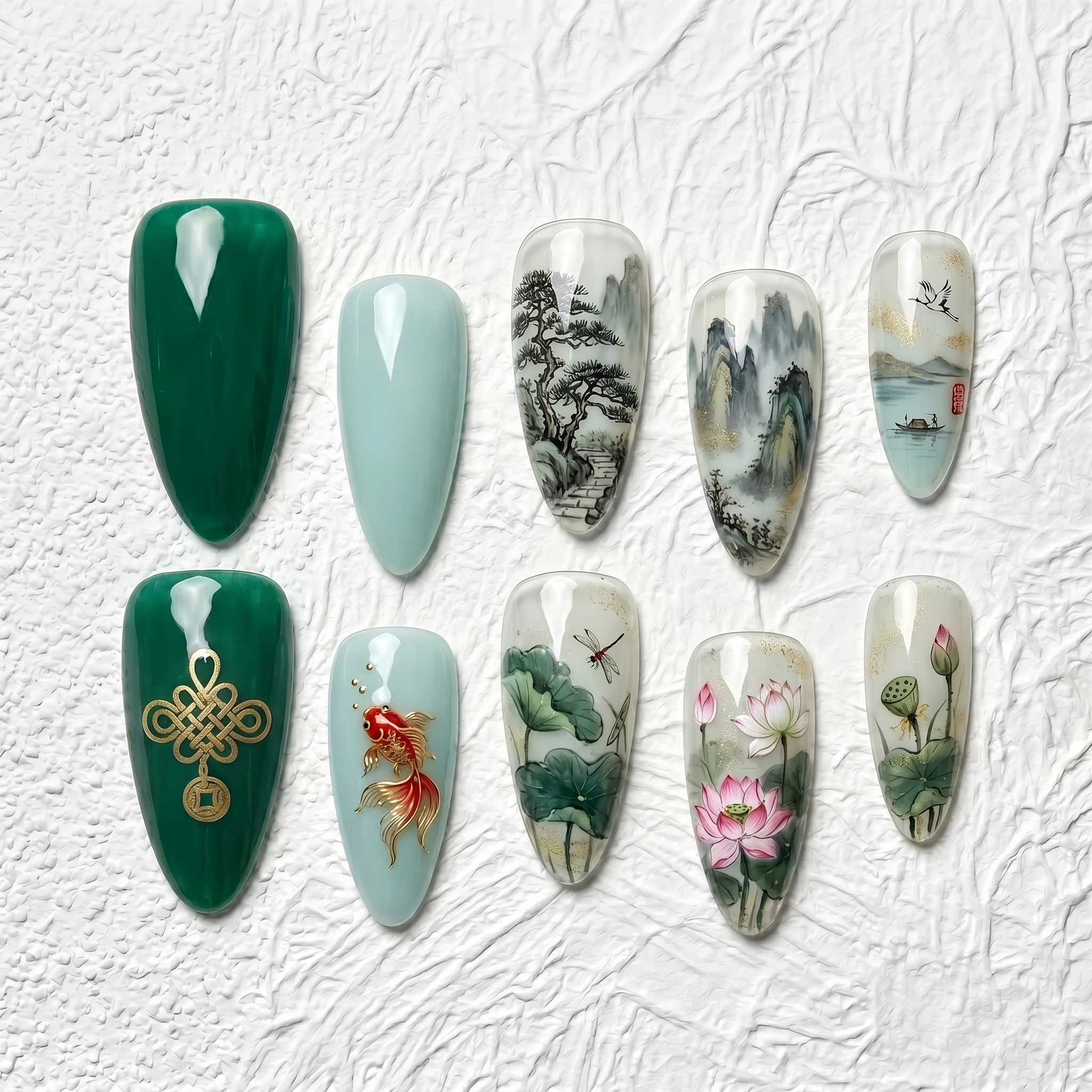 Artisan Handcrafted 10PCS Chinese Landscape Almond Press-On Nails | Hand-Painted Ink Wash, Gold Fish & Lotus, Elegant Occasion W