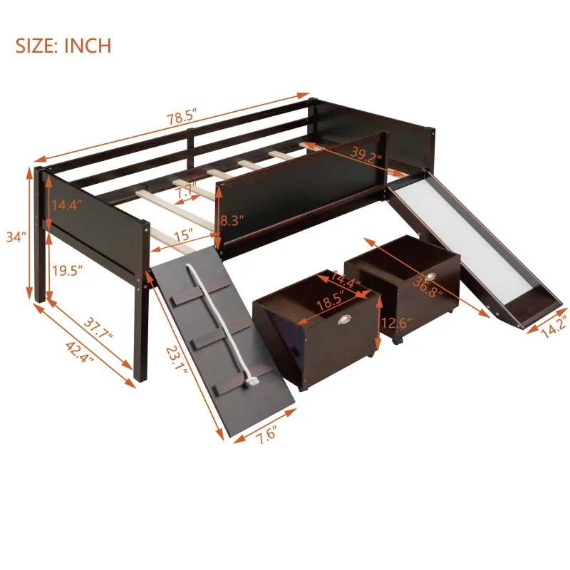 Twin Size Loft Bed Wood Bed with Two Storage Boxes, Slide and Chalkboard, Suitable for Children\'s Room - Espresso