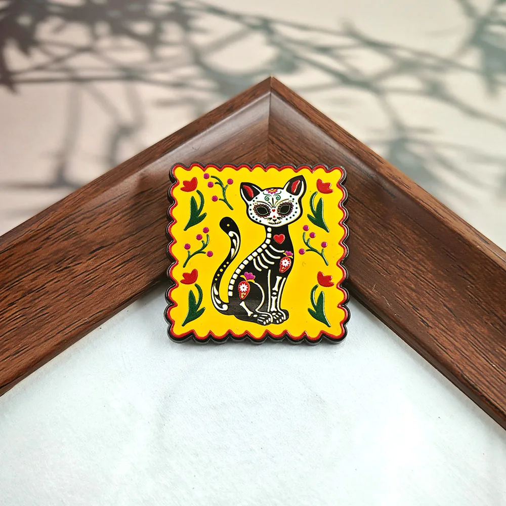Mexican Day of The Dead Skeleton Cat Brooch Colorful Cat Square Badge Exotic Culture Commemorative Metal Pin Bag Decoration Gift