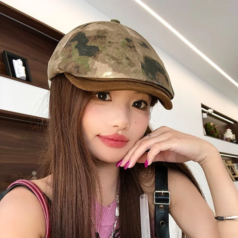 Vintage Camo Flat Cap British Ivy Newsboy Cap Adjustable Warm Vertical Rib Beret Hat for Men Autumn Outdoor Fishing Streetwear