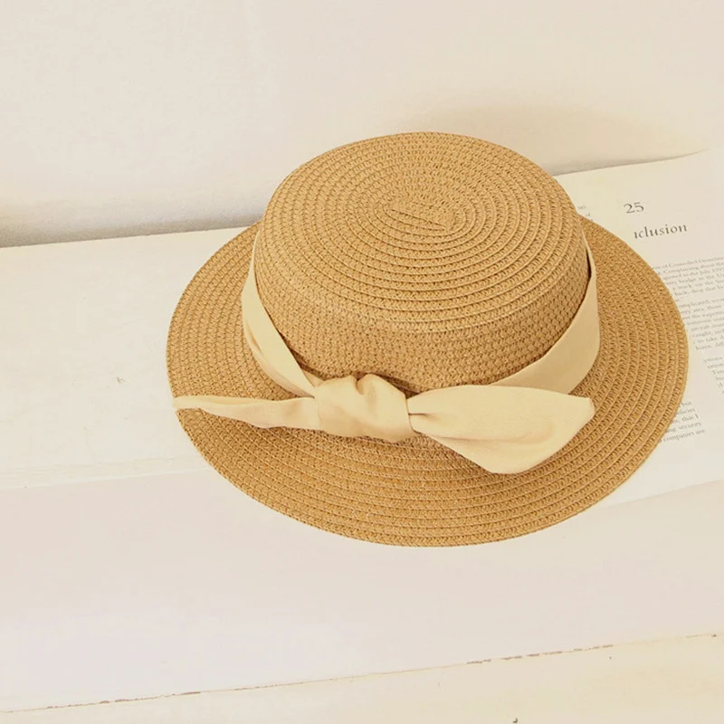 French Bow Kids Straw Sun Hats Kids Girls Summer Beach Hats 50-52-54cm Children Flat Visor Caps Sun Protection