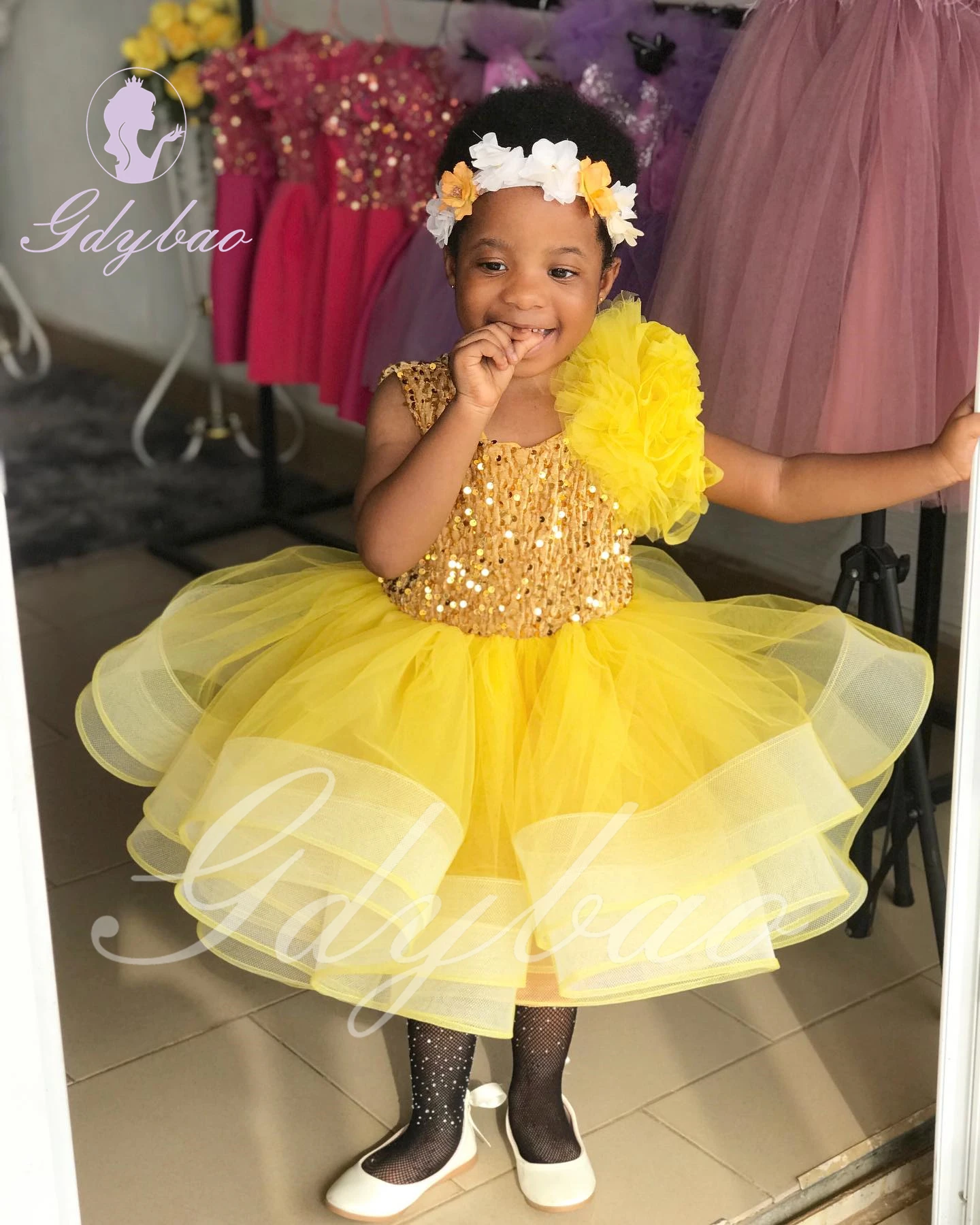 Yellow Flower Girl Dresses For Wedding Baby Kids Birthday Ball Gowns Sequins Floral Knee Length Princess First Communion Gowns