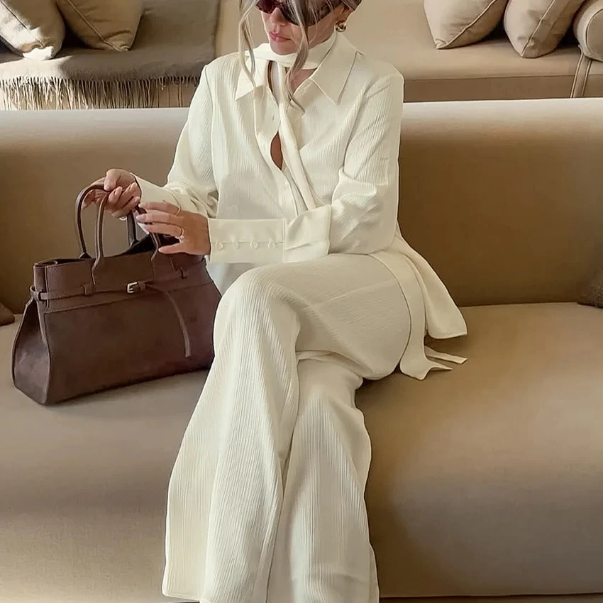 2026 Spring New Fashion Lazy Style Yellow Long Sleeve Loose Shirt Wide Leg Long Pants Casual Two Piece Set Women