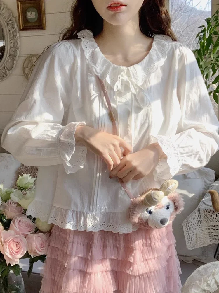 

Japan Sweet White Shirt Women Preppy Style Long Sleeve Korean Elegant Blouse Spring Cute Lace Patchwork Lace Up Lady Casual Tops