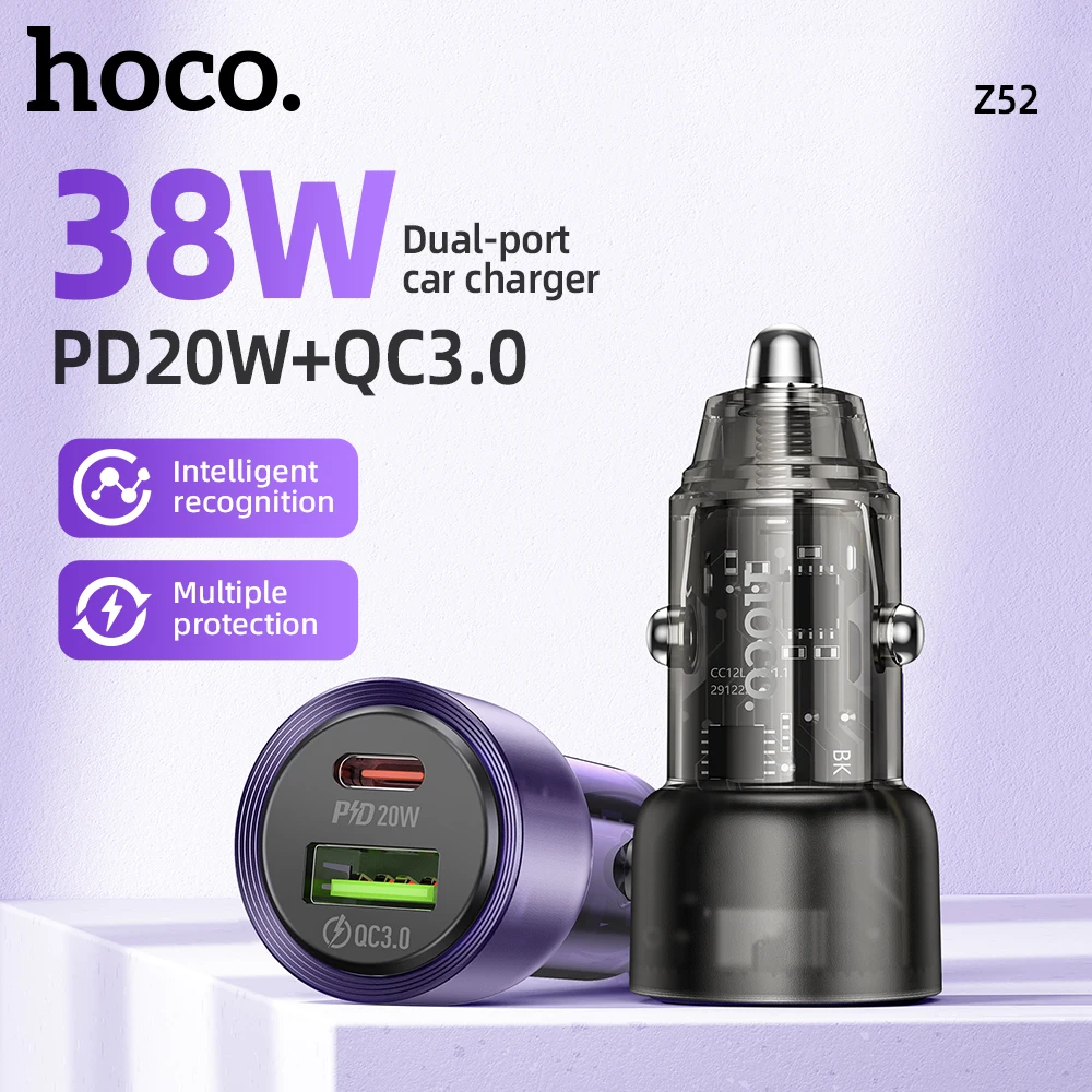 

HOCO Z52 Transparent PD USB C Car Charger 20W Fast Charging For iPhone 13 12 Pro Max Mini USB A 18W QC3.0 Charger Adapter in Car
