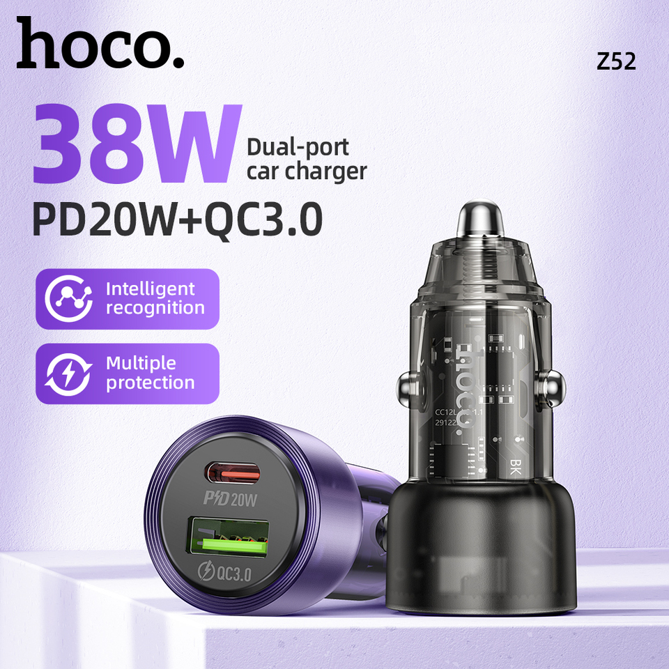  HOCO Z52 Transparent PD USB C Car Charger 20W Fast Charging For iPhone 13 12 Pro Max Mini USB A 18W QC3.0 Charger Adapter in Car 