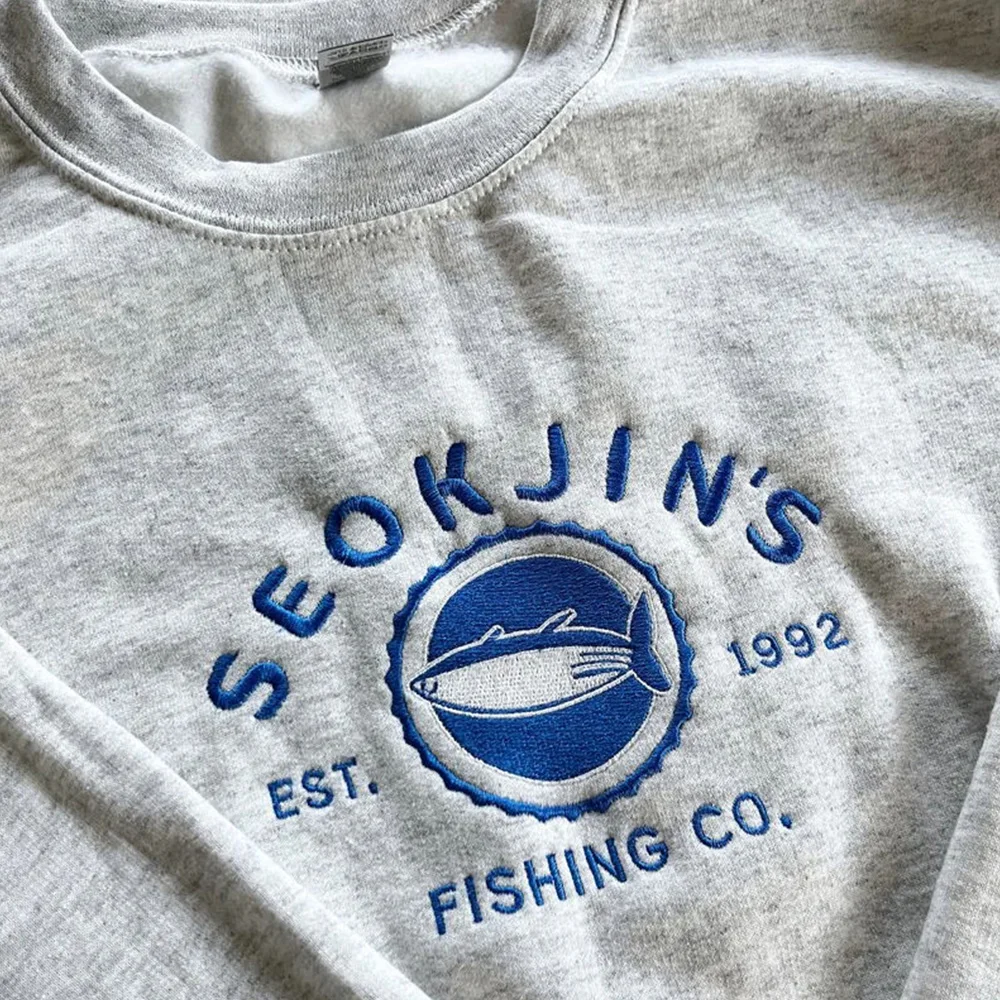 Fishing Co Letters Embroidered Unisex Crewneck Sweatshirts Retro Style Autumn Winter Thick Fleece Warm Jumper Loose Pullover
