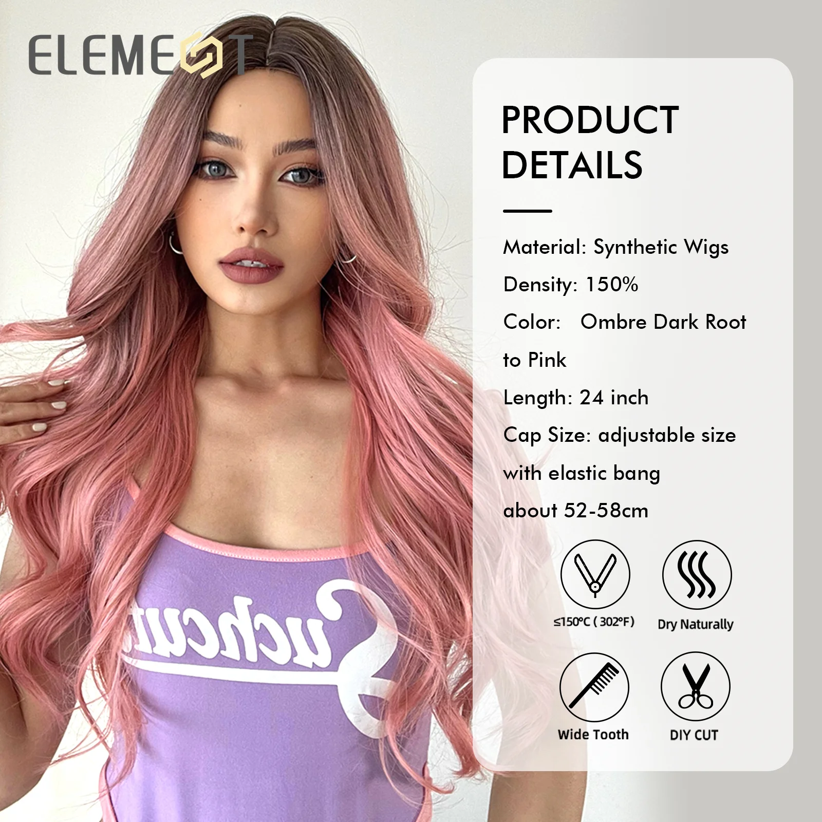 ELEMENT Peruki syntetyczne dla kobiet Ombre Black to Pink Dark Roots Długie faliste Impreza Codzienne użytkowanie Włókno termoodporne Moda Naturalny