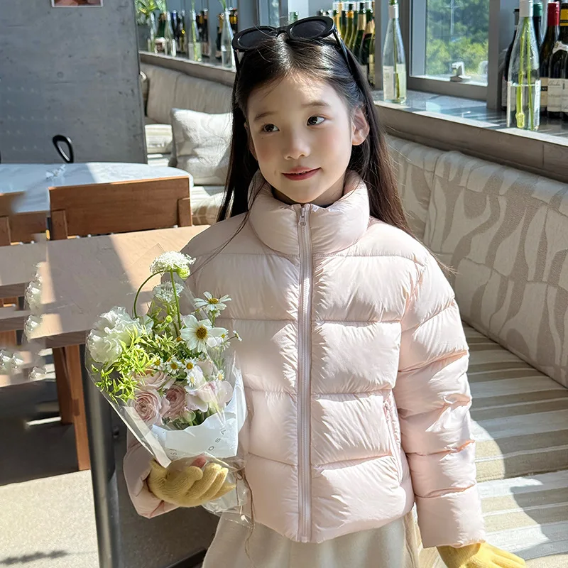 Children's White Duck Down Waterproof Korean Sweet Stand Up Collar Short Down Jacket, Warm and Thick Jacket