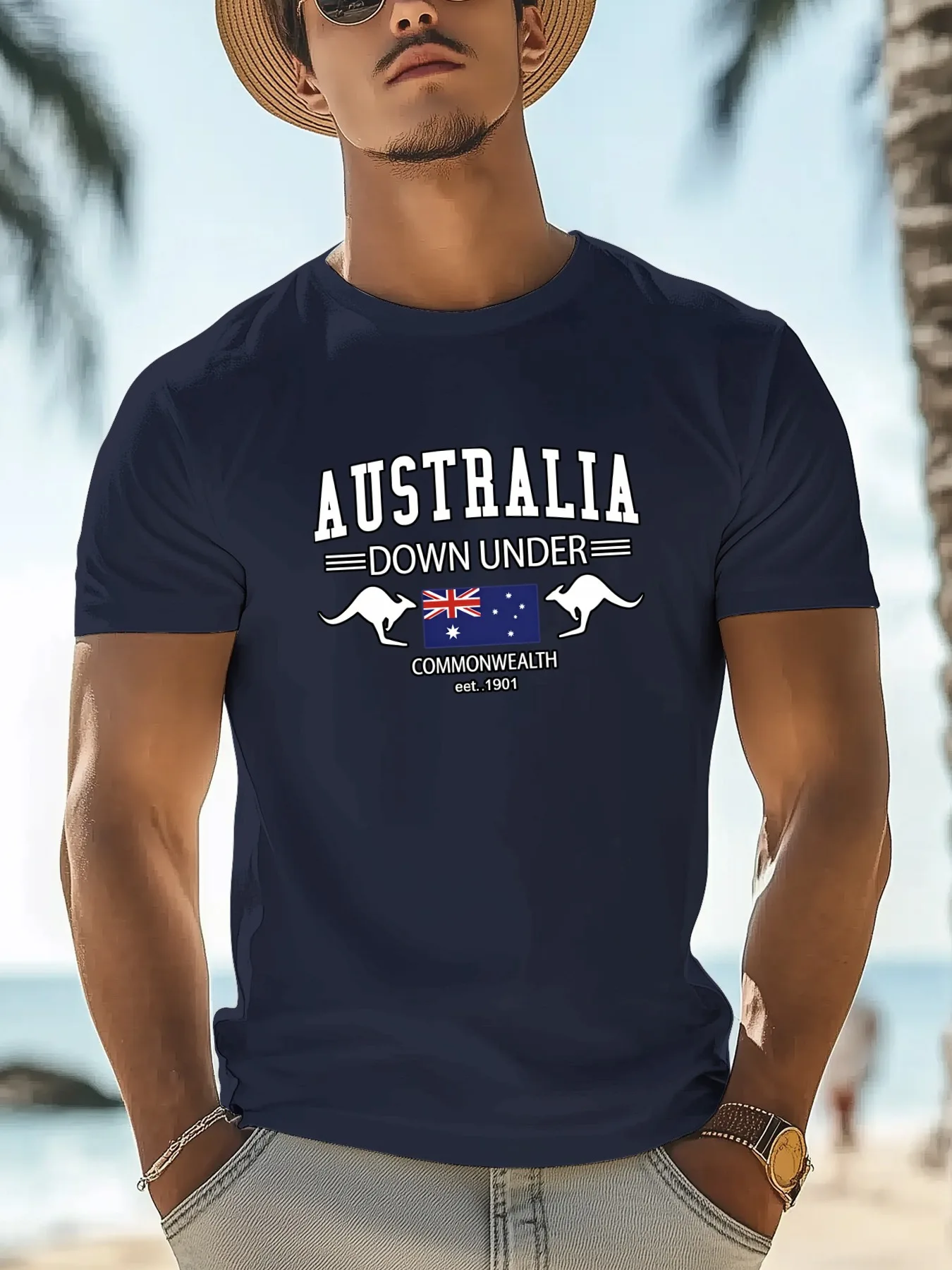 100% Cotton Men's Casual Loose and Fashionable Australian Flag and Kangaroo Pattern Printed Short Sleeved Round Neck T-Shirt Top