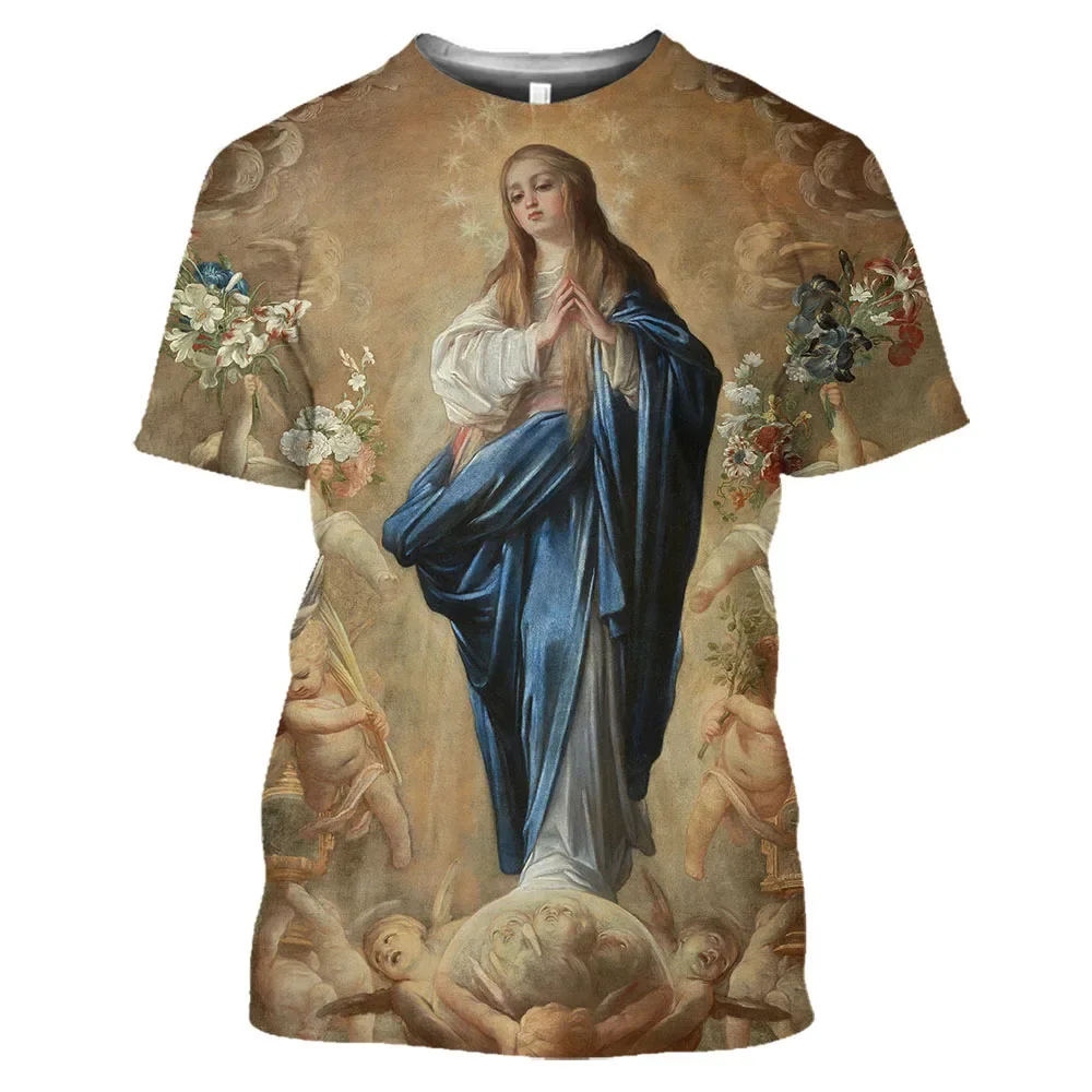 Summer Polyester O-Neck Loose Short Sleeve Men Clothing Tops Guadalupe Virgin Mary Catholic 3D Print T-shirt Oversized T Shirt