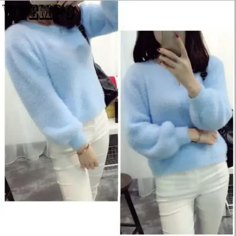 Mohair Knitted Pullover Purple Sweater Jumpers Girl Solid Color Loose Short Top Keep Warm Sweet College Style Wholesale