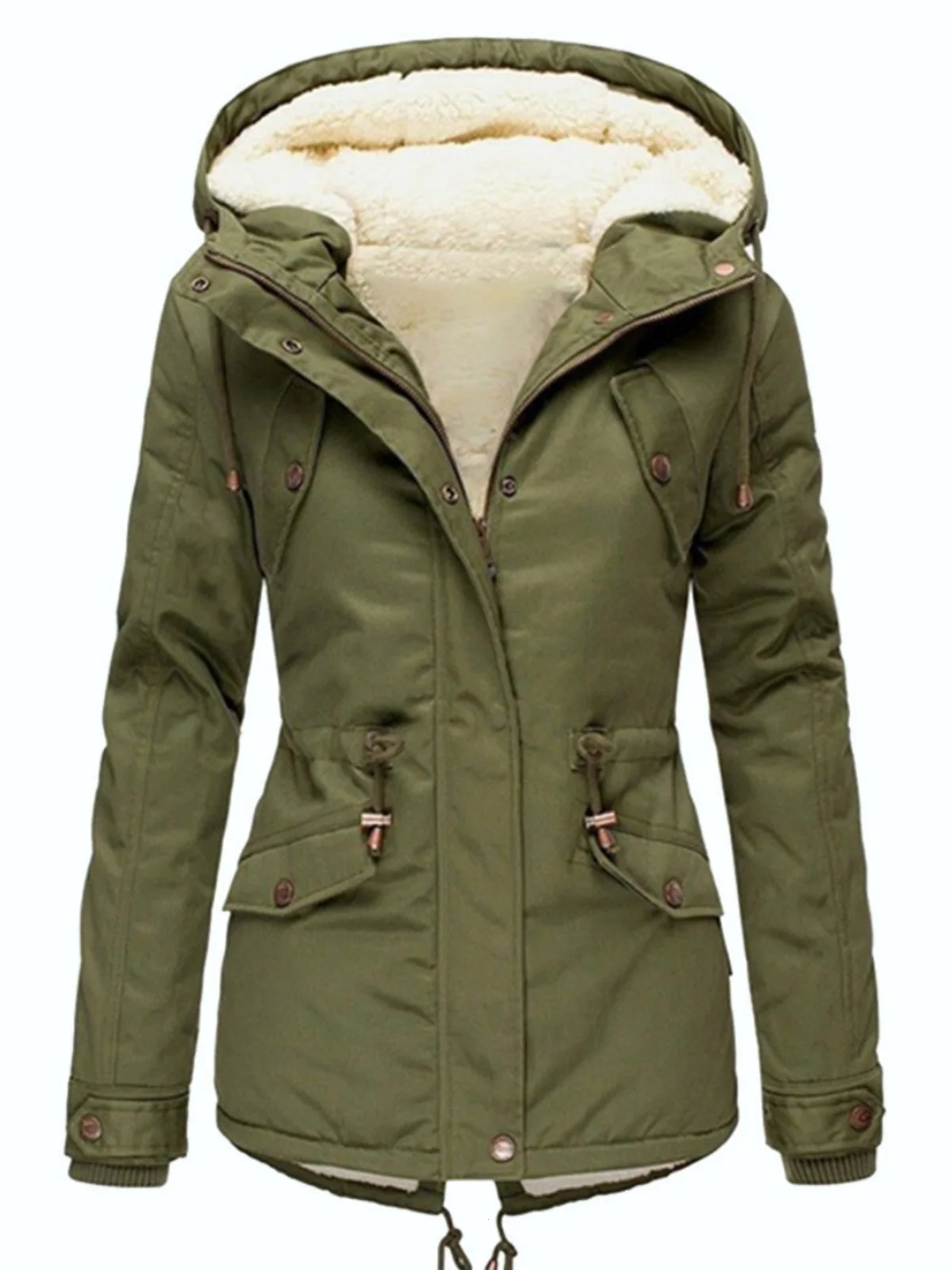 plus Size Women's Autumn Winter Thickened Fleece Lined Pocketed Waist Cinching mid Length Warm Cotton Jacket Coat with Hood
