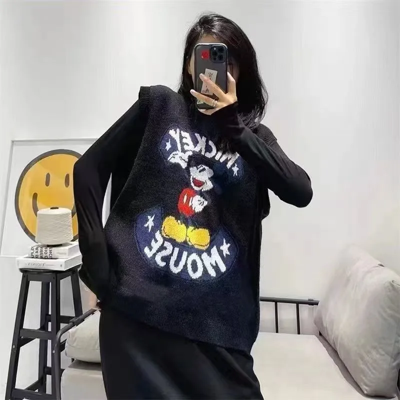 

Дисней Микки, весенне-осенний женский жилет, вязаный свитер с мультяшным узором, майка, корейская версия, свободный универсальный повседневный свитер