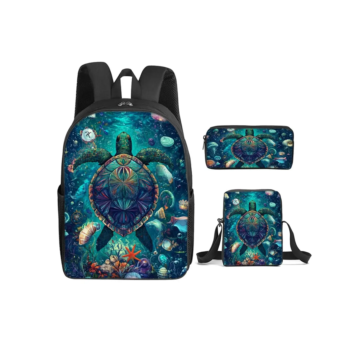 Sea Turtle Coral Print 3Pcs/Set Backpack with Messenger Bag ,Pencil Bags for Boy/Girl Best Gift Cartoon Student School Bags