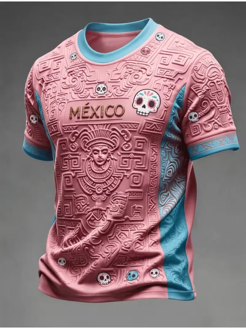 Pink Blue Mexico Sugar Skull Aztec Football Jersey Men Crew Neck Short Sleeve Retro Soccer Streetwear Casual Sporty Oversize Tee