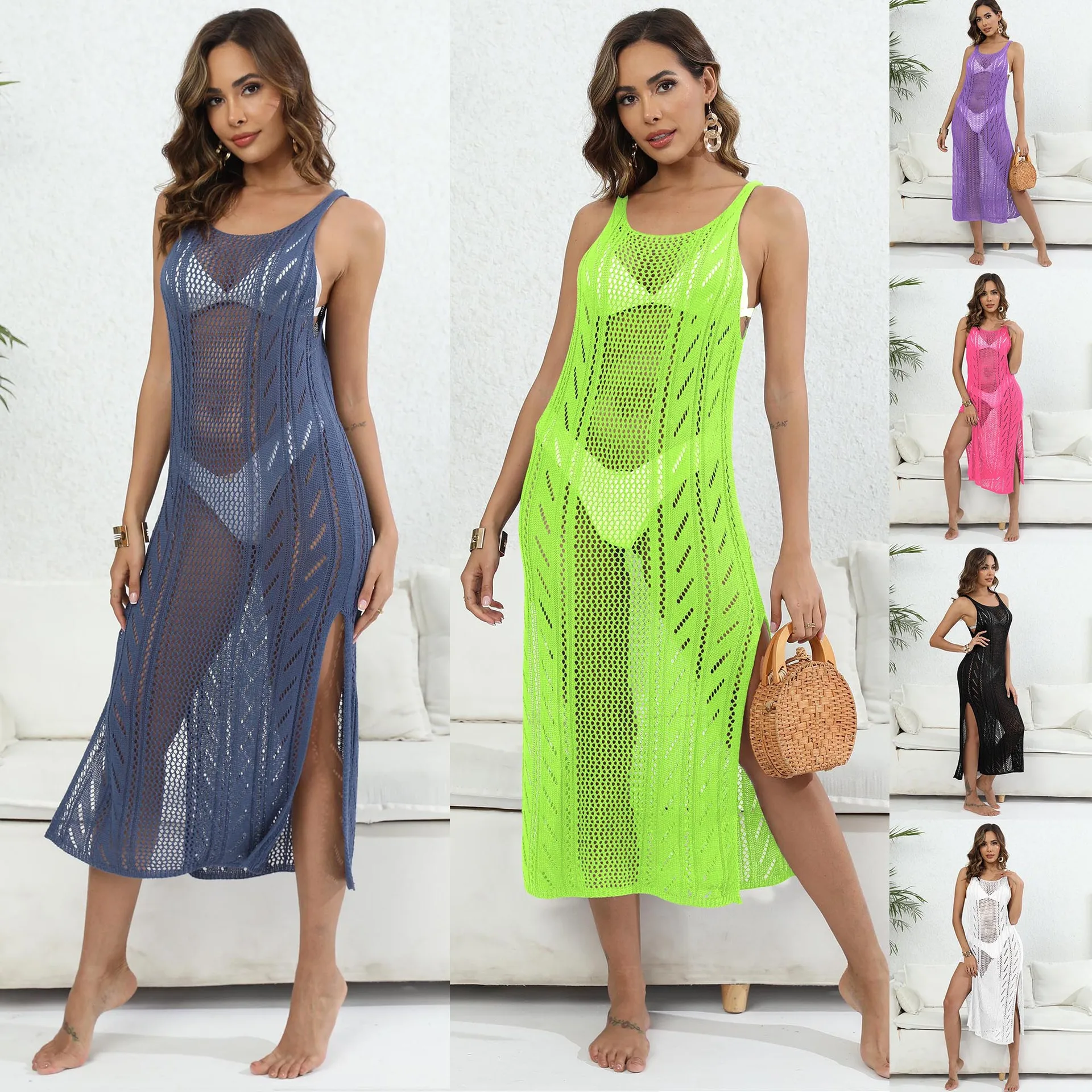 Summer girls ladies Long Hollow out Tank Bikini Cover up Beachwear Dress Women's Cross-Border Strap Side Slit Dress for Swimming