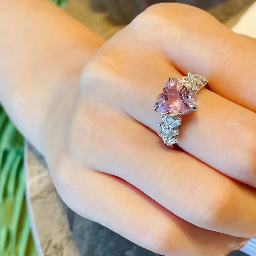 الوردي القلب كبير قيراط الزركون مجموعة خاتم مجوهرات فاخرة للنساء #3