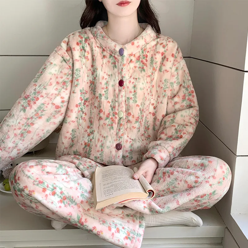 Conjunto de pijama con cárdigan para mujer, ropa de dormir cálida de manga larga con forro polar, ropa de dormir cómoda y acogedora para el hogar, novedad de otoño