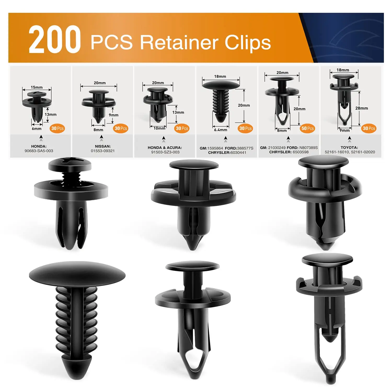 Universal Plastic Fender Clips,200 Pcs Push Bumper Fastener Rivet Clips with 6 Size Auto Body Retainer Clips Bumpers