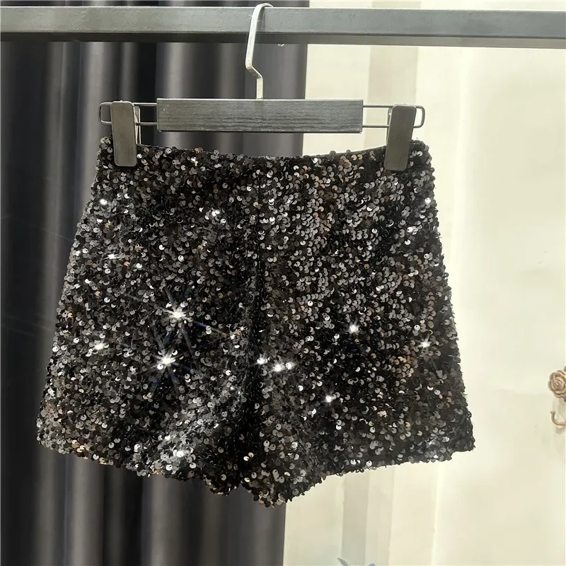 High Quality Sexy Sequins Shiny Zipper Shorts Women Nightclub Hot Pants for Women Black Silver