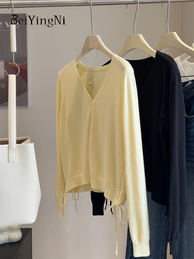 Beiyingni V-neck Knitted Cardigans Female Single-breasted Drawstring Black Casual Women's Sweater Plain Warm 2025 Winter Clothes