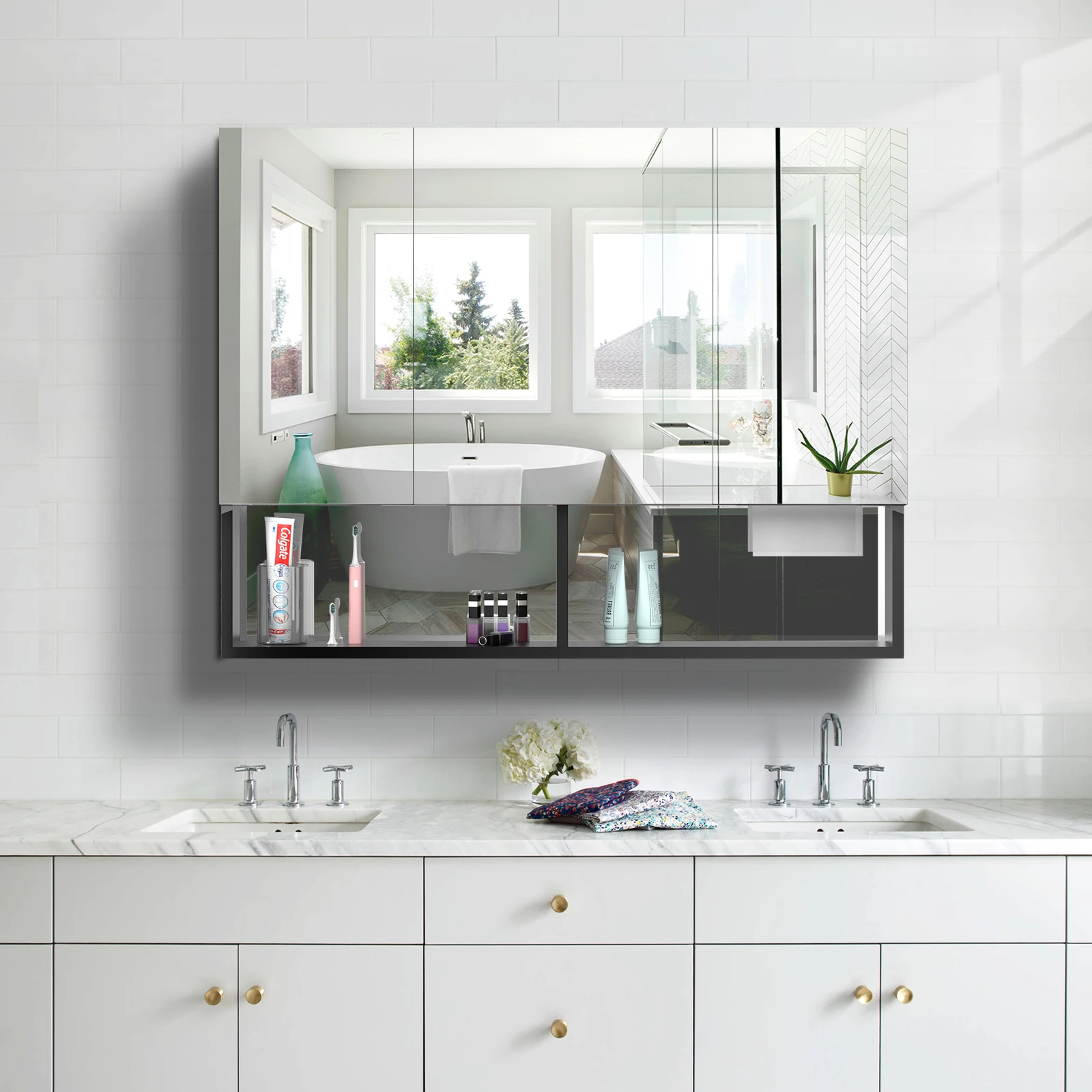 ZOOTING Medicine Cabinet, Bathroom Mirror Cabinet with 3 Doors H70cm x W90cm, Bathroom Wall Cabinet Storage Rack, Black.