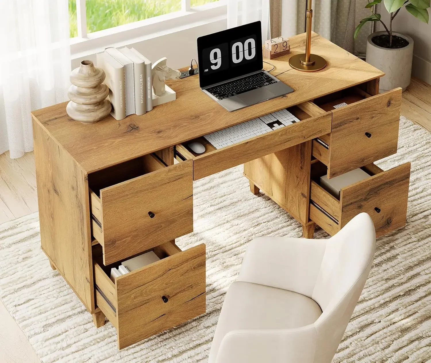 Wood Desk with 4 Deep Drawers, 58 Inch Modern Home Office Desk with Storage & Charging Station, Wooden Large Executive Desk, Wor