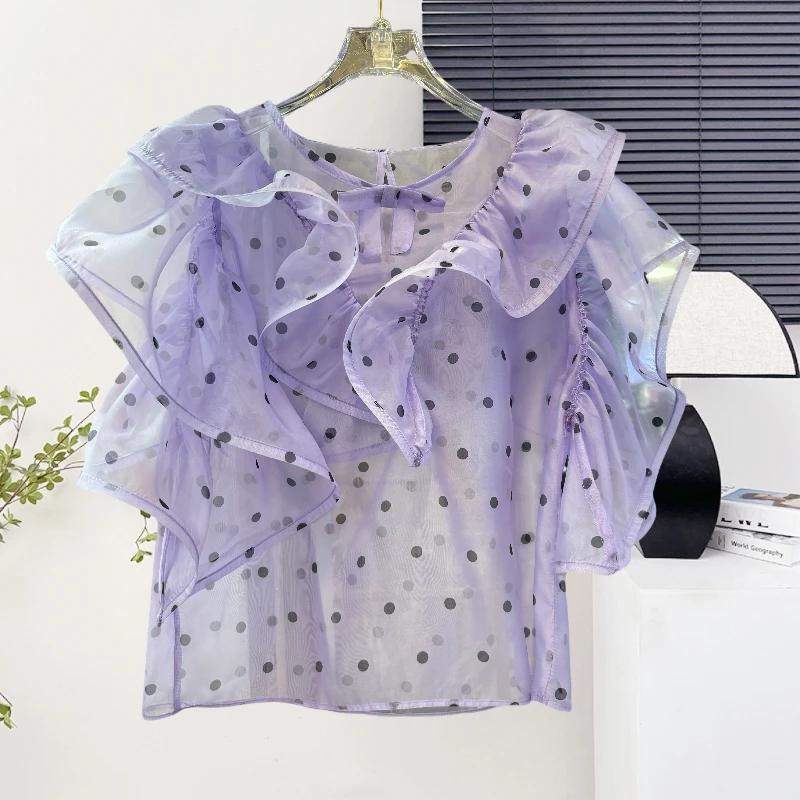 

2025,New,European,Clothes,Loose,Thin,Blouse,Fashion,Sexy,O-Neck,Print,Wave point,Ruffles,Women,Short Sleeve,Pullover,Tops,52079