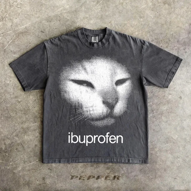 I Need Ibuprofen! Fun Retro Cat Pattern T-shirt, Emoji T-shirt, Men's T-shirt, Summer New Retro Genjuku Style Unisex T-shirt