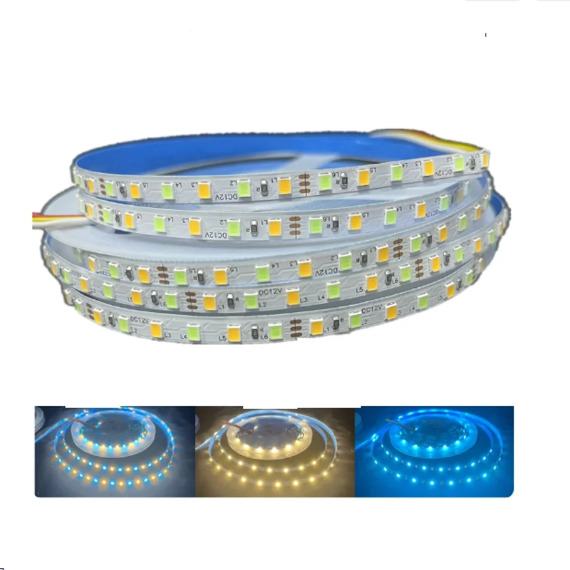 

5 м тонкая светодиодная лента CCT 5 мм, двухцветная трехцветная лента, теплый белый + ледяной синий, 120 светодиодов/м, 12 В, гибкая лента для украшения автомобиля