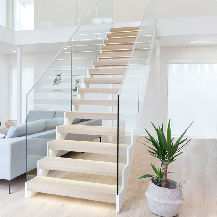 التخصيص التصميم الحديث درج عائم داخلي خطوات الخشب الصلب مع درابزين زجاجي
