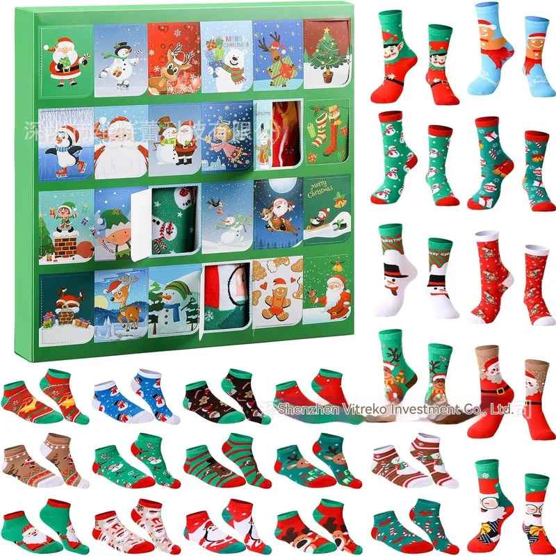 24days Countdown To Christmas Advent Calendar Mid-Calf Length Christmas Themed Socks Blind Box Cartoon Santa Claus Sock For Gift