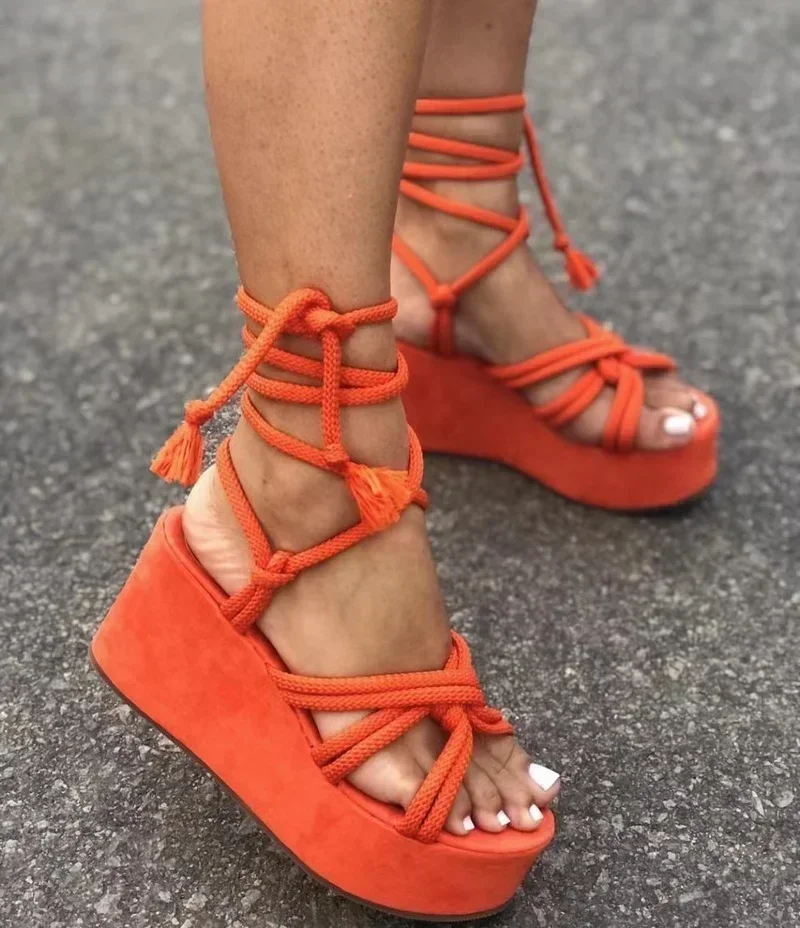 Summer New Platform Wedge Sandals for Women Fashion Round Toe Cross Tied Height Increase Open Toe Femme Sandal Plus