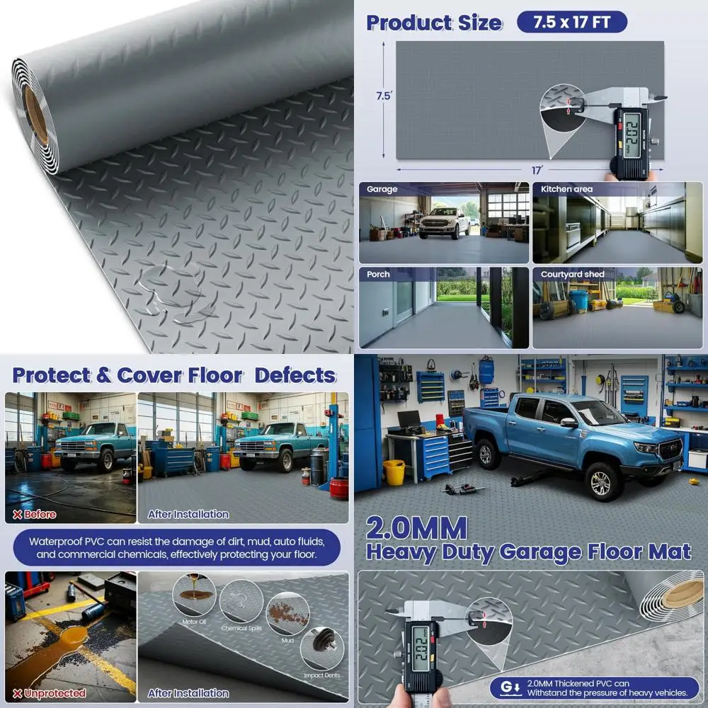 Heavy-Duty PVC Garage Floor Mats 7.5x17 FT Diamond Plate Anti-Slip Waterproof Flooring Roll for Underneath Vehicles and Equipmen