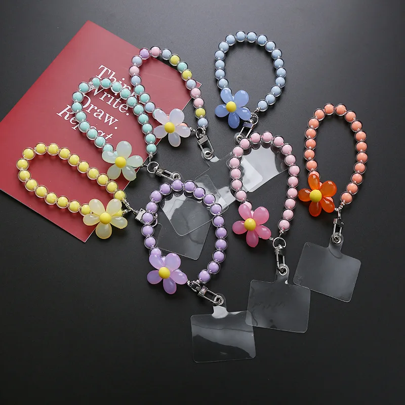 Anti-lost Flower Beaded Car Keychain Wrist Strap Macaron Color Cell Phone Charm Lanyard Hand-held Mobile Phone Case Pendant