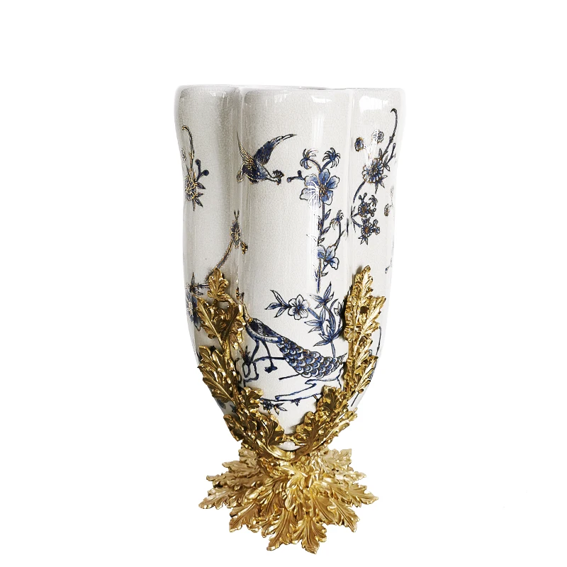 

Hotel project birds decor handmade crackled China porcelain accessories with brass decorative