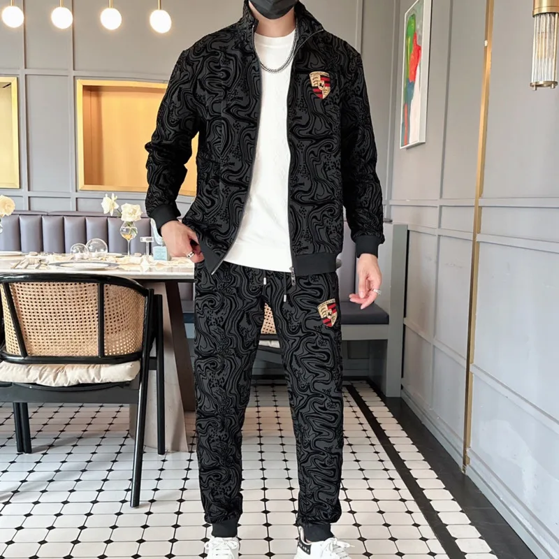 

European Luxury Jacquard Flocking Tracksuit Men Spring Autumn 2 Pcs Suit Paisley Designer Black Sportwear Ropa Deportiva Hombre