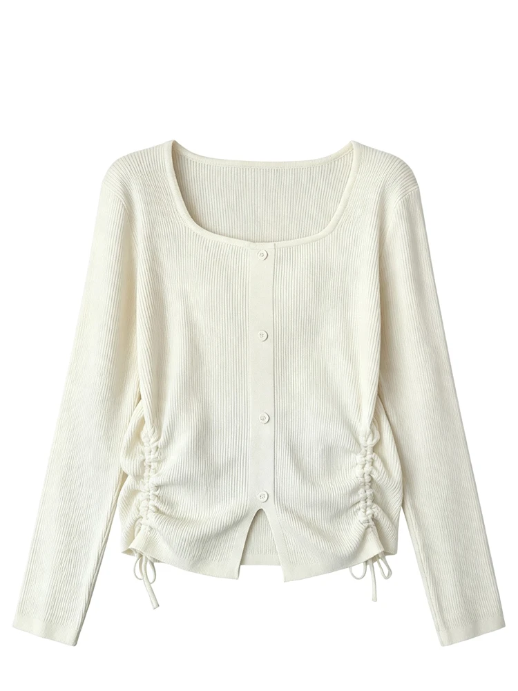 plus Size Women's Long Sleeve Knitted Sweater Drawstring Square Collar Fashionable Autumn Top for Plump Sisters Commute Style