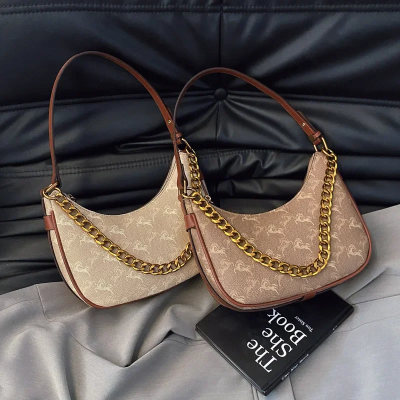

2025 New Vintage Print Crescent Bag for Women - Phone Crossbody Purse with Chain Strap, Underarm Shoulder Handbag for Daily Use​