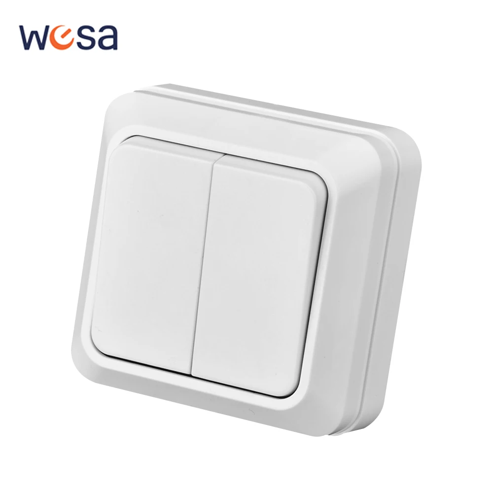 White Wall Mounted Button Light Switch Flame Retardant On/Off EU Standard Spray Plastic 2 Gang 1 Way Classic Surface Switch Way