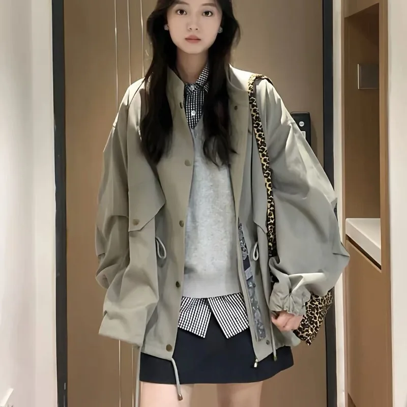Parker Loose Stand Up Collar Trench Coat for Women, 2026 Autumn Korean Version, Large Size, Lazy and Casual Versatile Coat Trend
