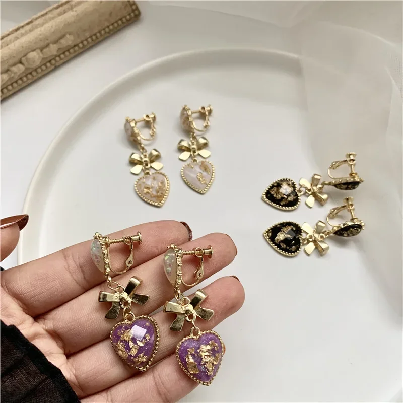 Gentle French Retro Baroque Palace Purple Heart Clip Earrings Temperament Heart-shaped Bow Ear Clips Earrings No Piercing Women