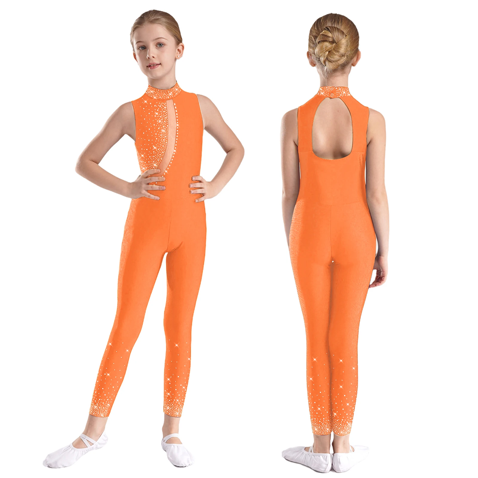 

Rythmic Gymnastic Costume for Kid Girl Sleeveless Rhinestones Mesh Jumpsuit Bodysuit for Figure Skating Ballet Dance Performance